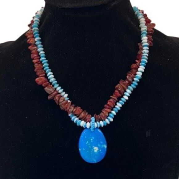 Vintage Hawaiian Vacation Necklace Women's Blue Red Double Strand Beaded Chips - Picture 4 of 6